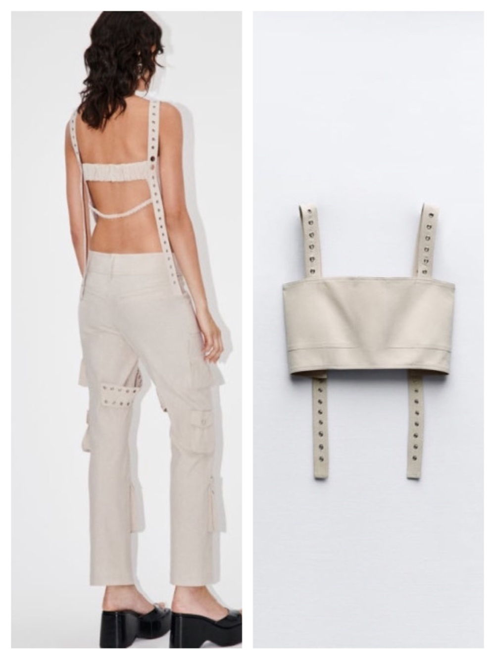 Zara Beige Linen Blend Crop Top Grommets XS